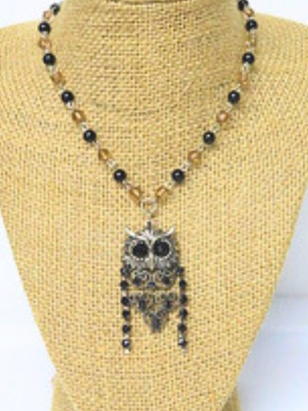 Long Owl Pendant Necklace Black Amber Beads Filigree Statement Jewelry